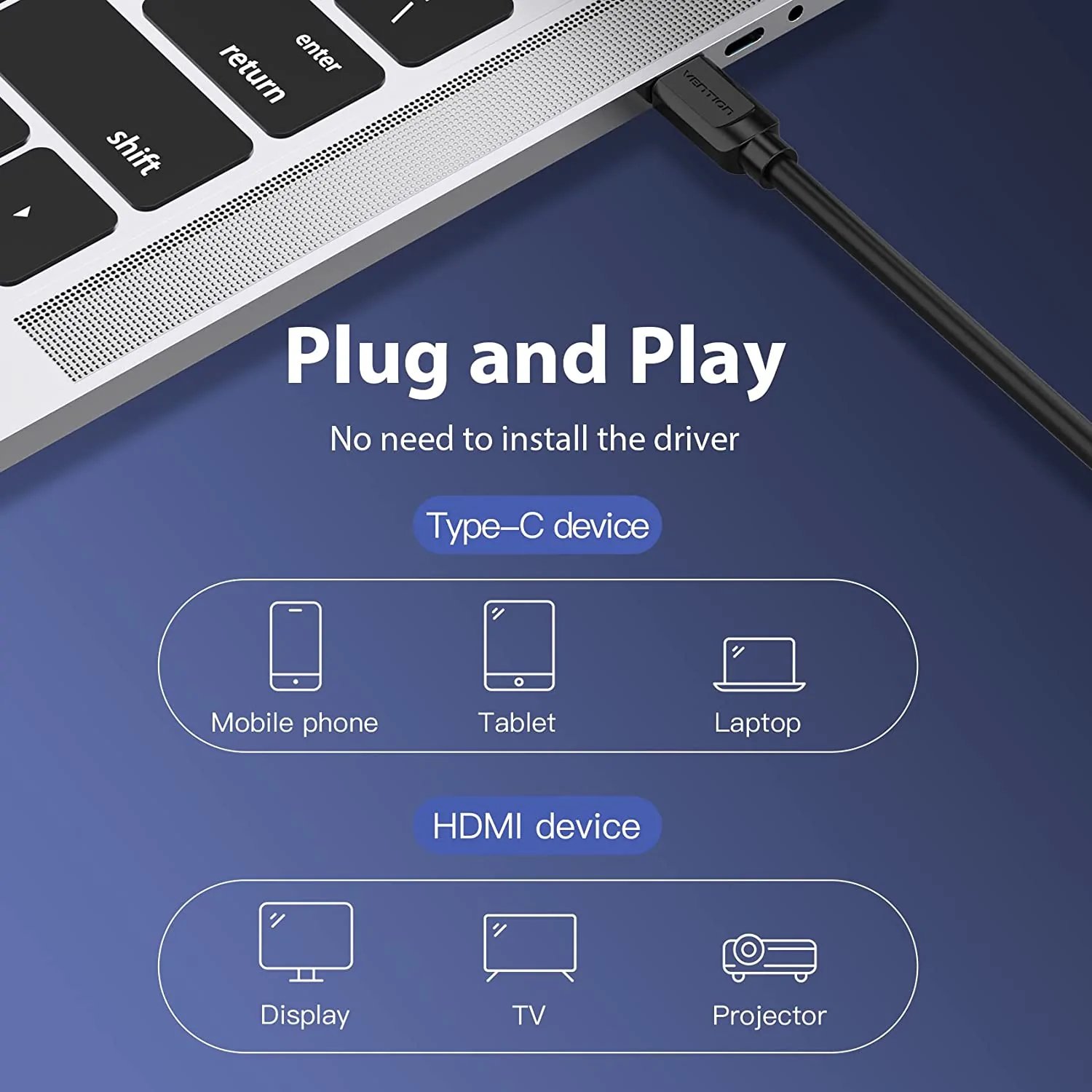 Câble Vention Cable Type-C to HDMI - 2.0m 4K Noir - CGUBH