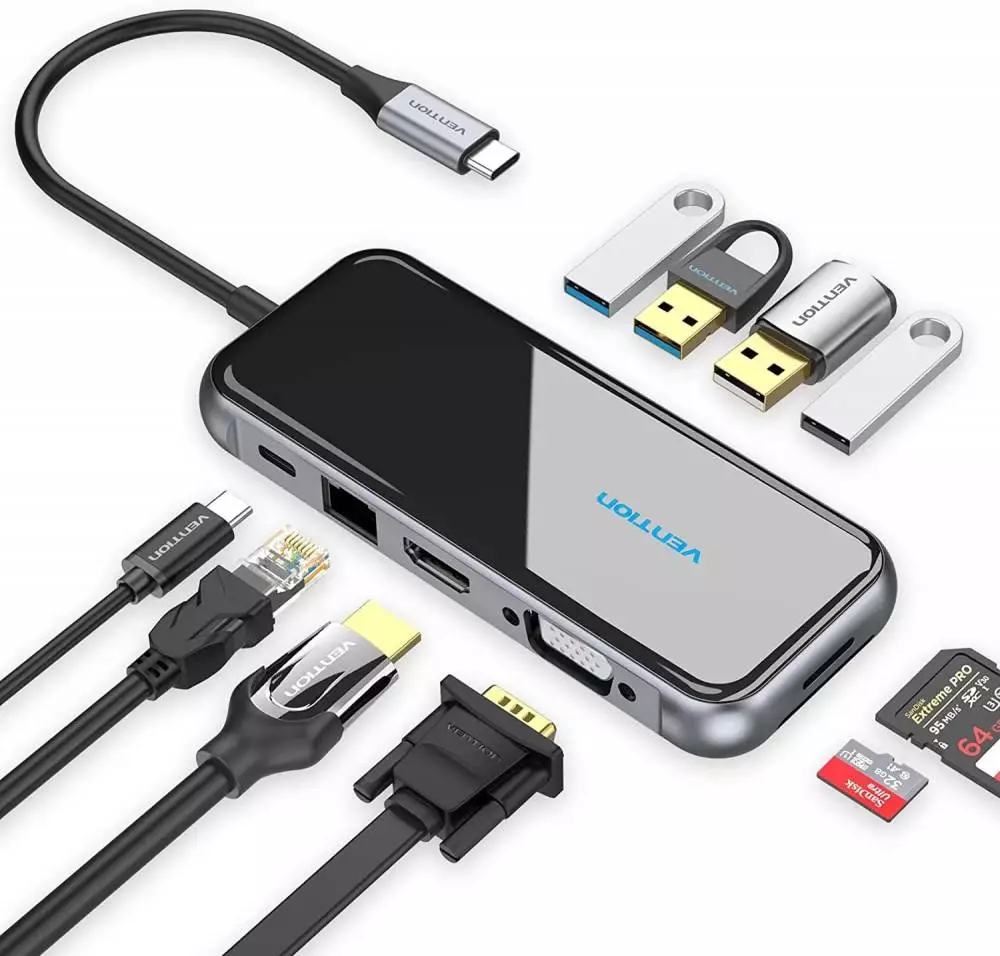 Vention докинг станция Type-C Docking Station Power Distribution 3.0 87W - HDMI, Type-C x 1, USB3.0 x 2, USB 2.0 x 2, LAN, SD/TF, VGA - TFGHB