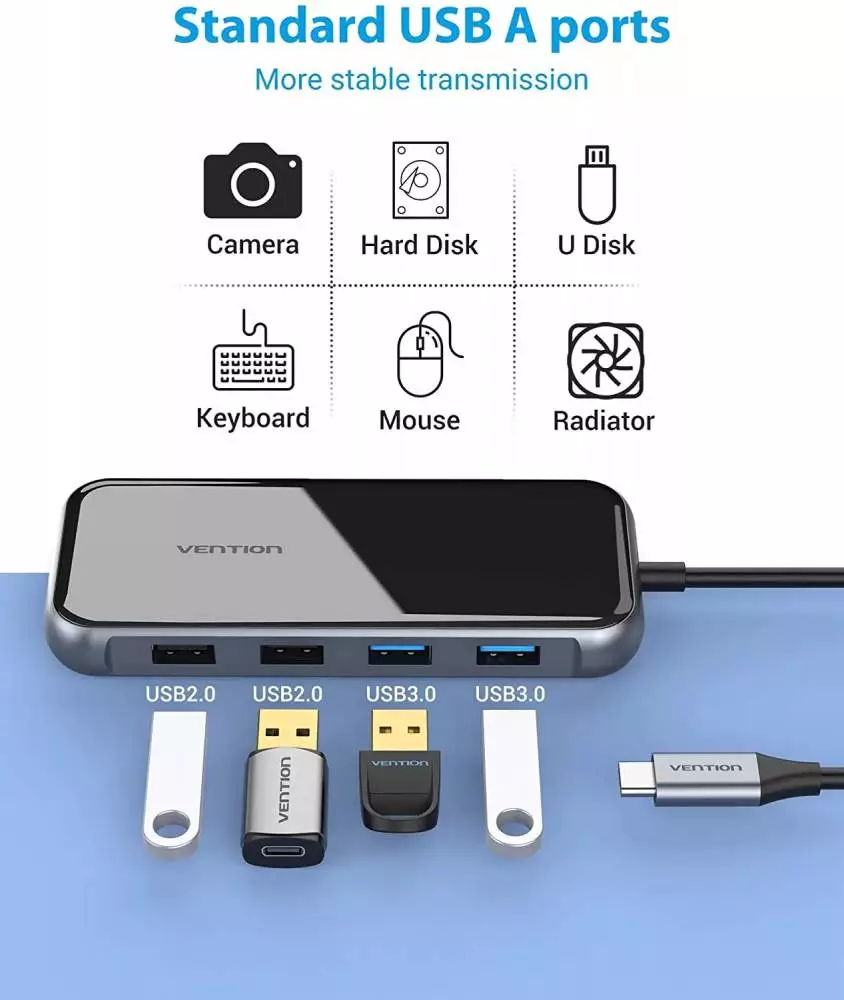 Vention докинг станция Type-C Docking Station Power Distribution 3.0 87W - HDMI, Type-C x 1, USB3.0 x 2, USB 2.0 x 2, LAN, SD/TF, VGA - TFGHB