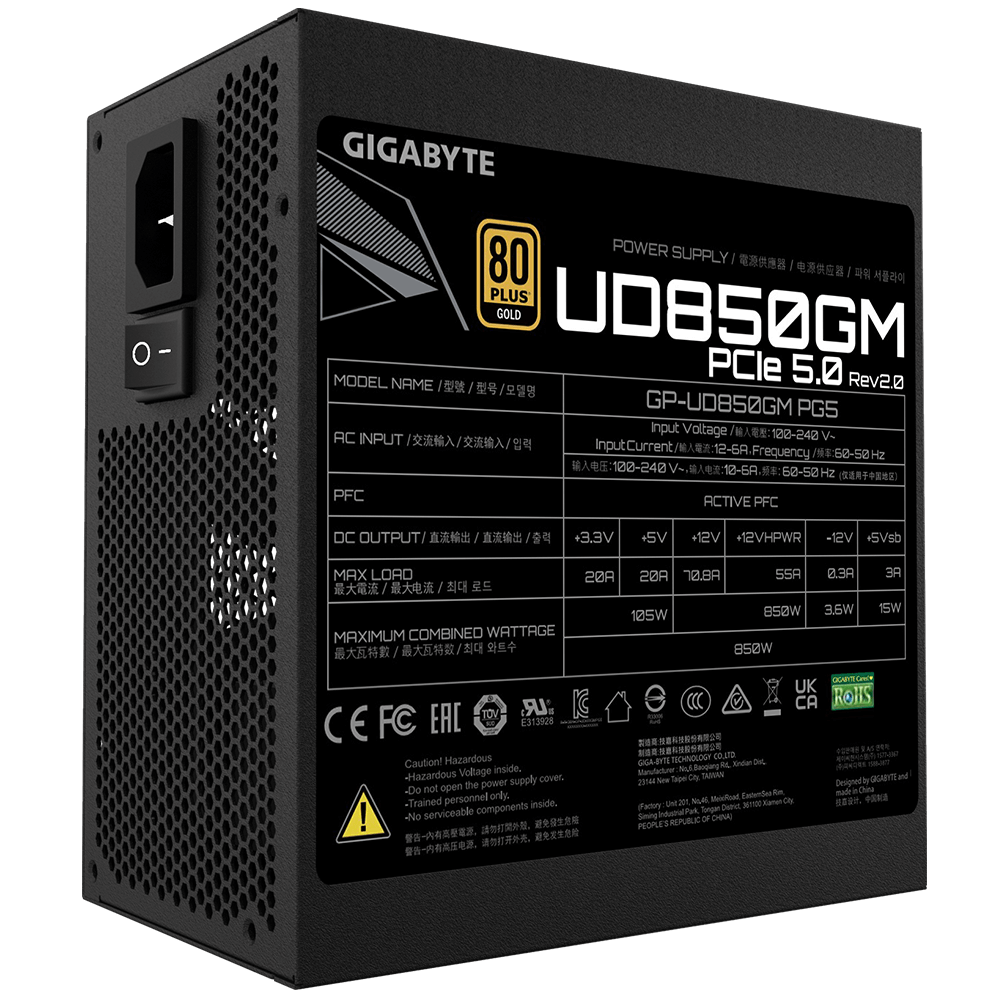 Захранване Gigabyte UD850GM PG5 (850W) 80 Plus Gold, Modular, ATX 3.0, PCIe 5.0 Ready
