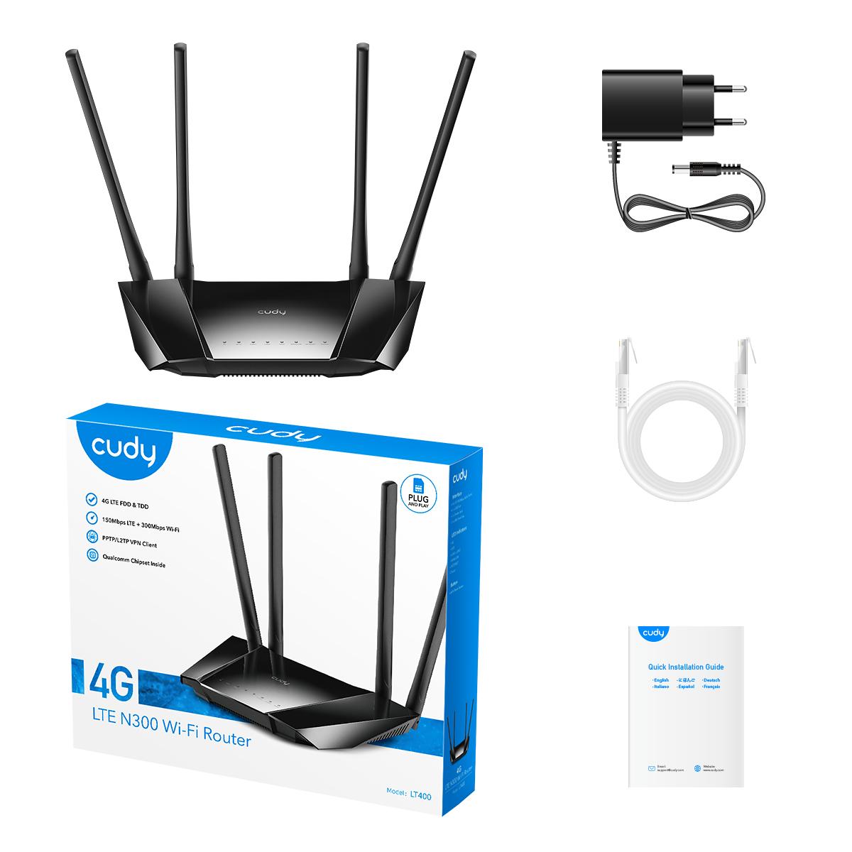 Routeur sans fil Cudy LT400, 4G LTE, 2.4GHz, 300 Mbps, 10/100