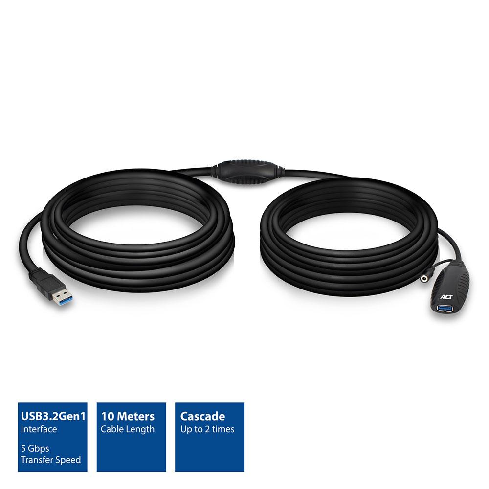 Кабель ACT AC6110, USB-A мужской - женский, 10 м, 5 Gbps, Черный
