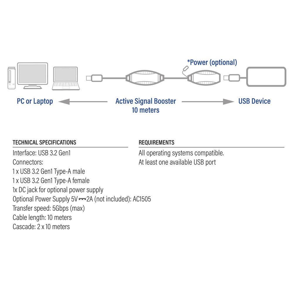 Кабель ACT AC6110, USB-A мужской - женский, 10 м, 5 Gbps, Черный