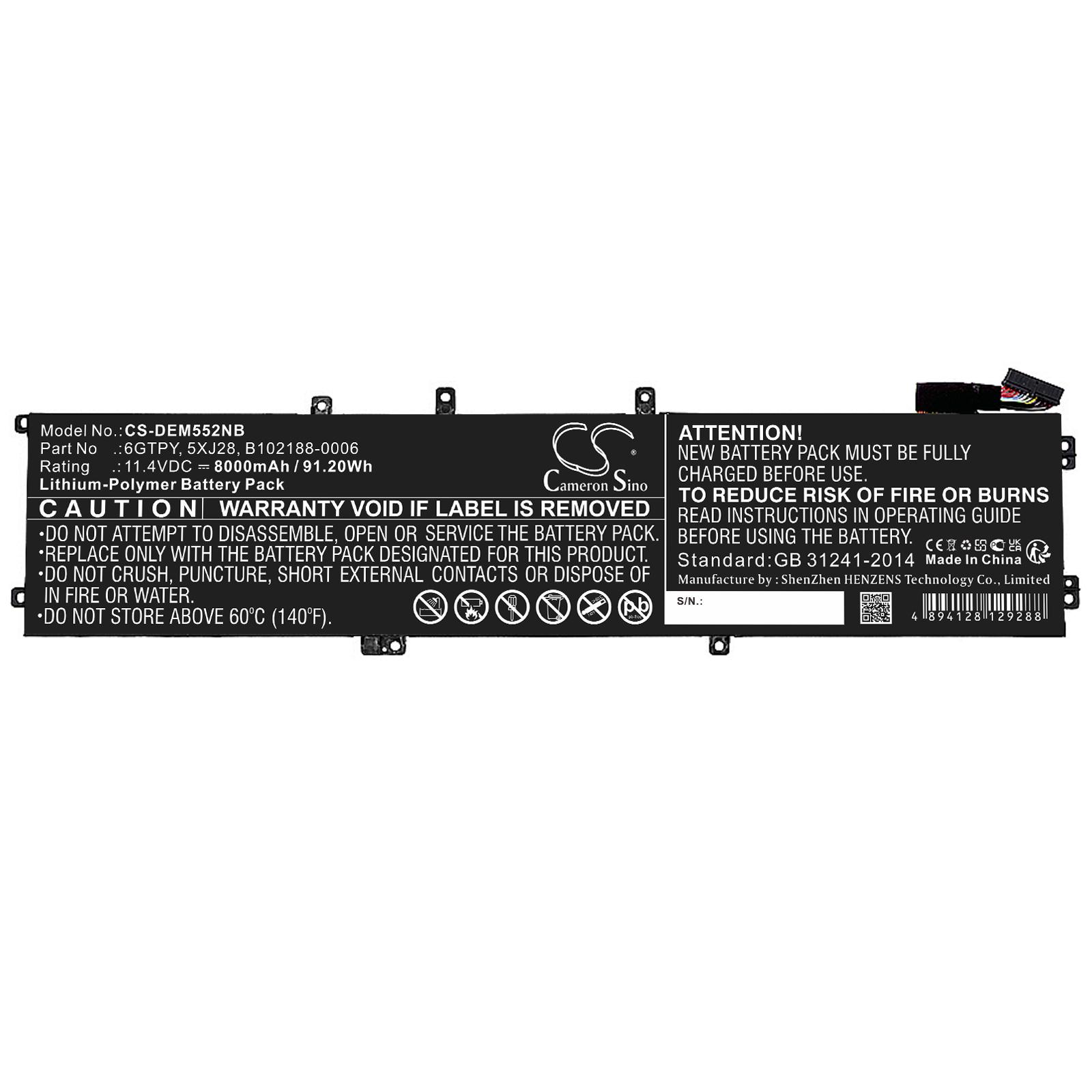 Batterie pour ordinateur portable DELL XPS 15 9560 Precision 5520 CS-DEM552NB 11,4V 8000mAh CAMERON SINO