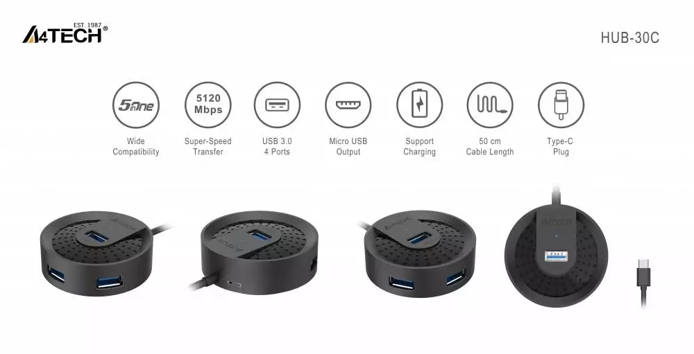 USB хъб A4tech HUB-30C, 4 портов, USB 3.0, 5120 Mbit/s, Черен