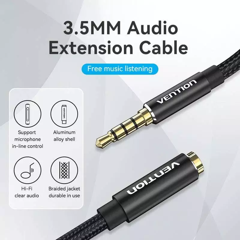 Vention Аудио Кабел Cotton Braided TRRS 3.5mm Male to 3.5mm F - 1.5m - Gold plated, Aluminum alloy - BHCBG