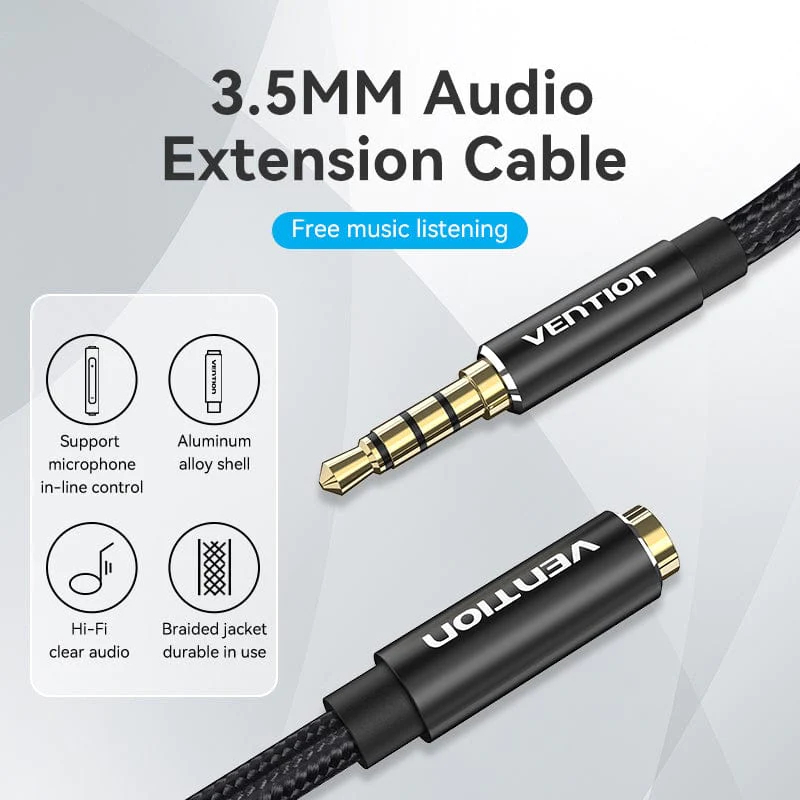 Câble audio Vention Cotton Braided TRRS 3.5mm Male to 3.5mm F - 1.5m - Plaqué or, Alliage d'aluminium - BHCBG