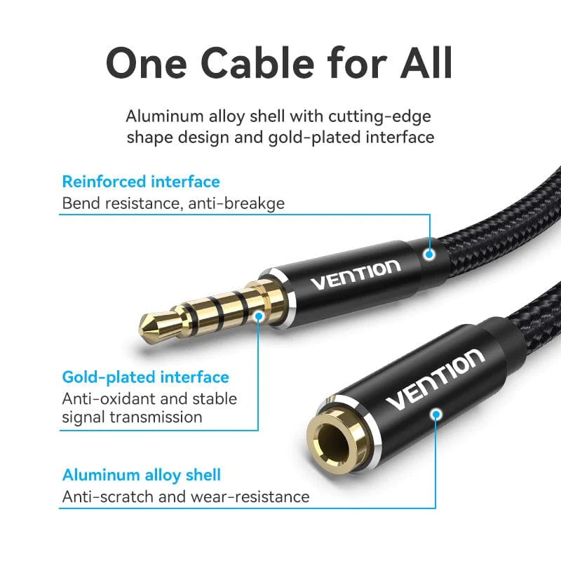 Câble audio Vention Cotton Braided TRRS 3.5mm Male to 3.5mm F - 1.5m - Plaqué or, Alliage d'aluminium - BHCBG