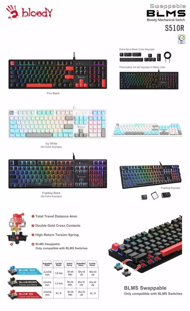 Gaming μηχανικό πληκτρολόγιο A4tech Bloody S510R, Brown Switch, RGB, Λευκό