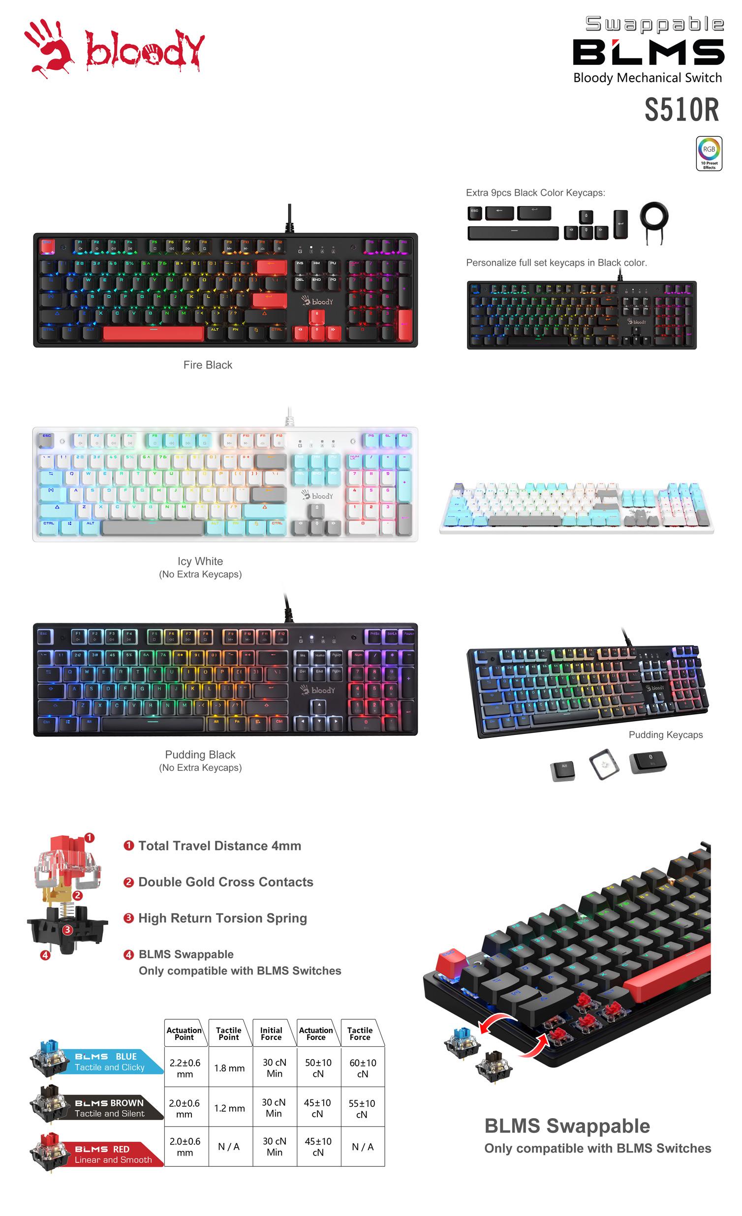 Gaming μηχανικό πληκτρολόγιο A4tech Bloody S510R, Brown Switch, RGB, Λευκό