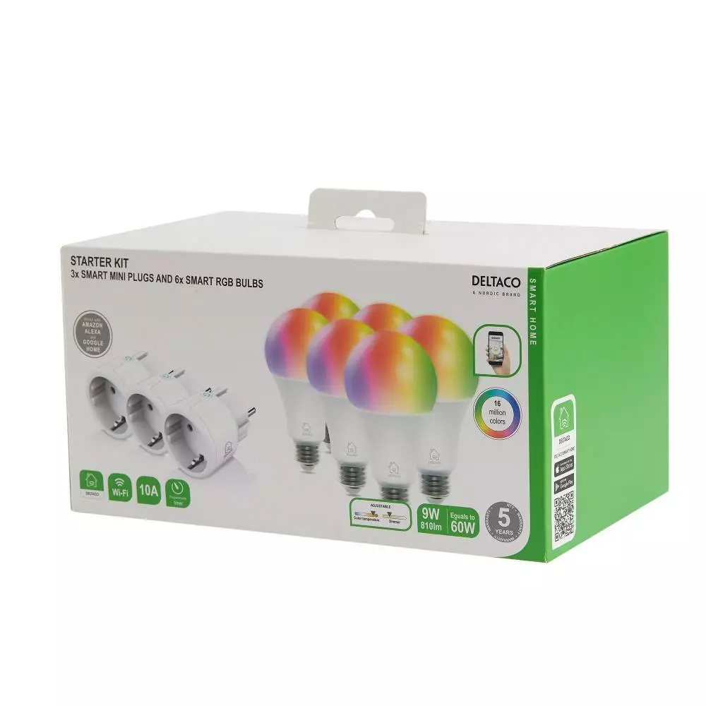 Смарт комплект DELTACO SH-KIT03, 3 x мини контакти, 6 x LED крушки, Google Assistant, Alexa