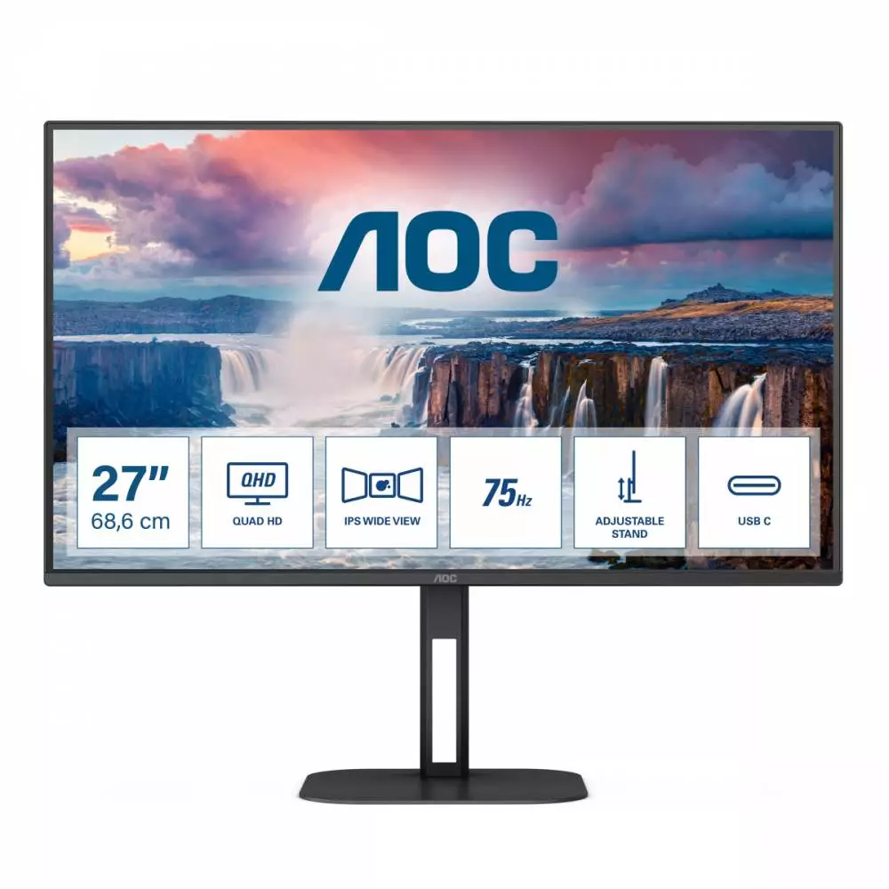 Монитор AOC Q27V5C/BK, 27", IPS, QHD 2560x1440, 75Hz, 1ms, HDMI, DP, USB-C, AMD FreeSync