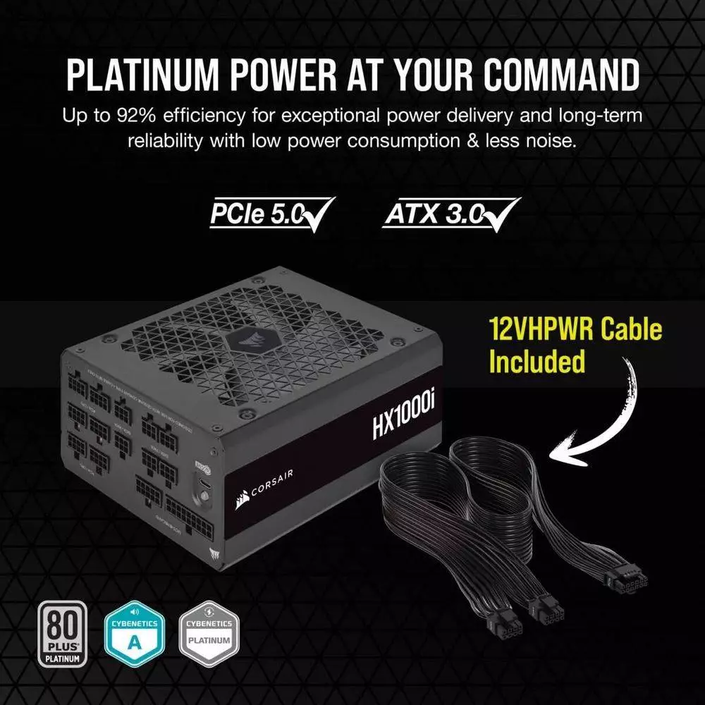 Захранване Corsair HX1000i (1000W) 80 Plus Platinum PSU ATX 3.0, PCIe 5.0 - CP-9020259-EU