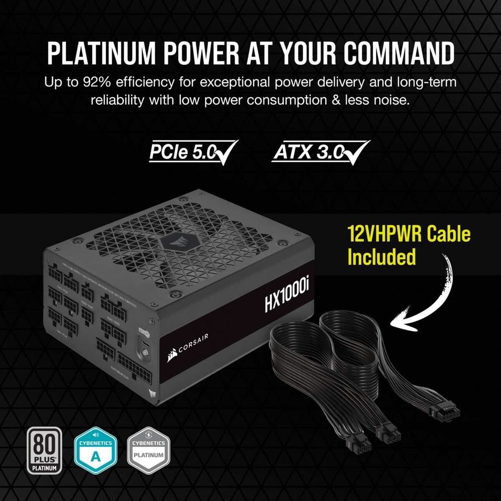 Захранване Corsair HX1000i (1000W) 80 Plus Platinum PSU ATX 3.0, PCIe 5.0 - CP-9020259-EU