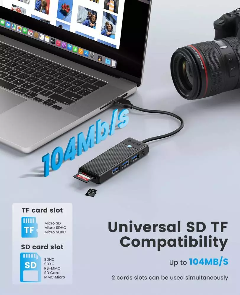 Orico διανομέας USB3.0 HUB - 3 x USB3.0, SD, TF - PAPW3AT-U3-015-BK