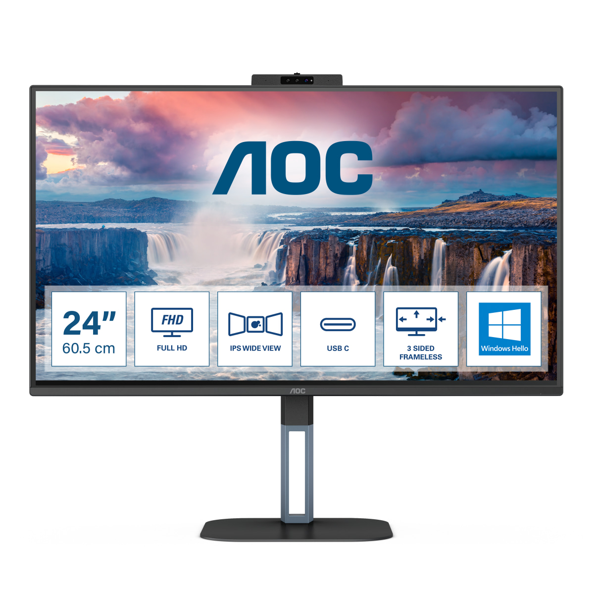 Монитор AOC 24V5CW/BK, 23.8", IPS, FHD 1920x1080, 75Hz, 1ms, HDMI, DP, USB-C, WebCam, AMD FreeSync