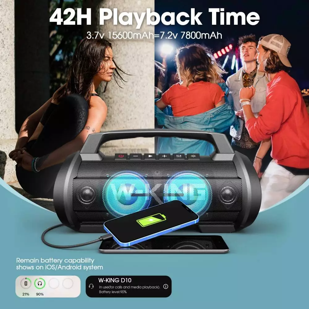 W-King Блутут мобилна парти колонка Bluetooth Party Speaker - D10 Black - 70W, Karaoke mic input, Light Show