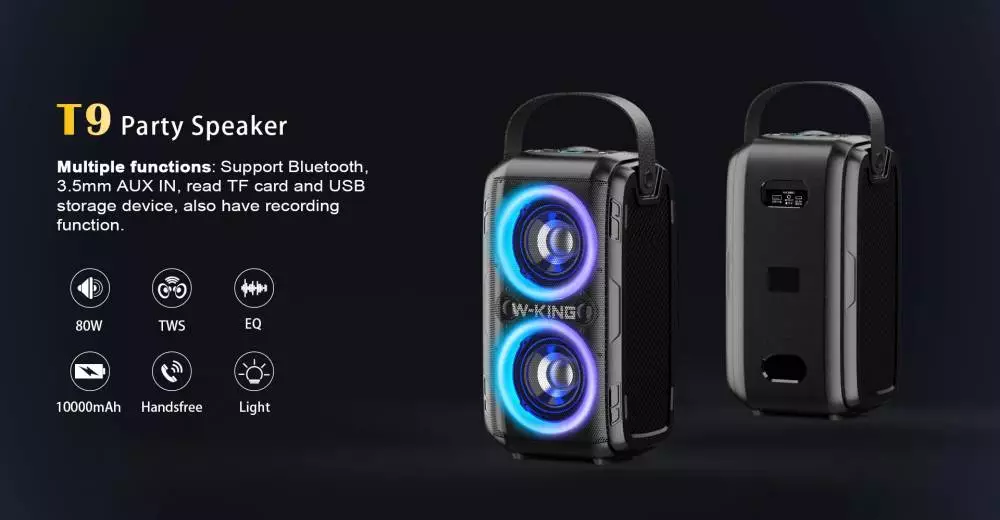 W-King Блутут парти колона Bluetooth Party Speaker - T9 Black - 80W, Wireless Microphone, Karaoke