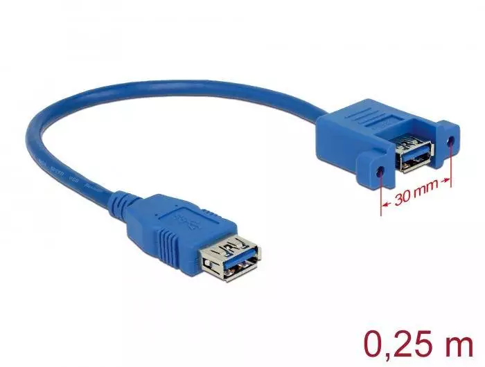 Кабел Delock, За монтиране върху панел, USB-A женско - USB-А женско, 25см