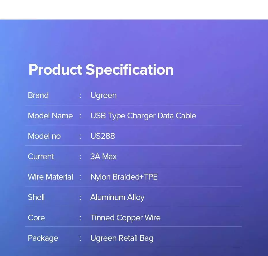 Ugreen кабел USB 2.0 Type A to Type-C US288, 1.5m - 60127