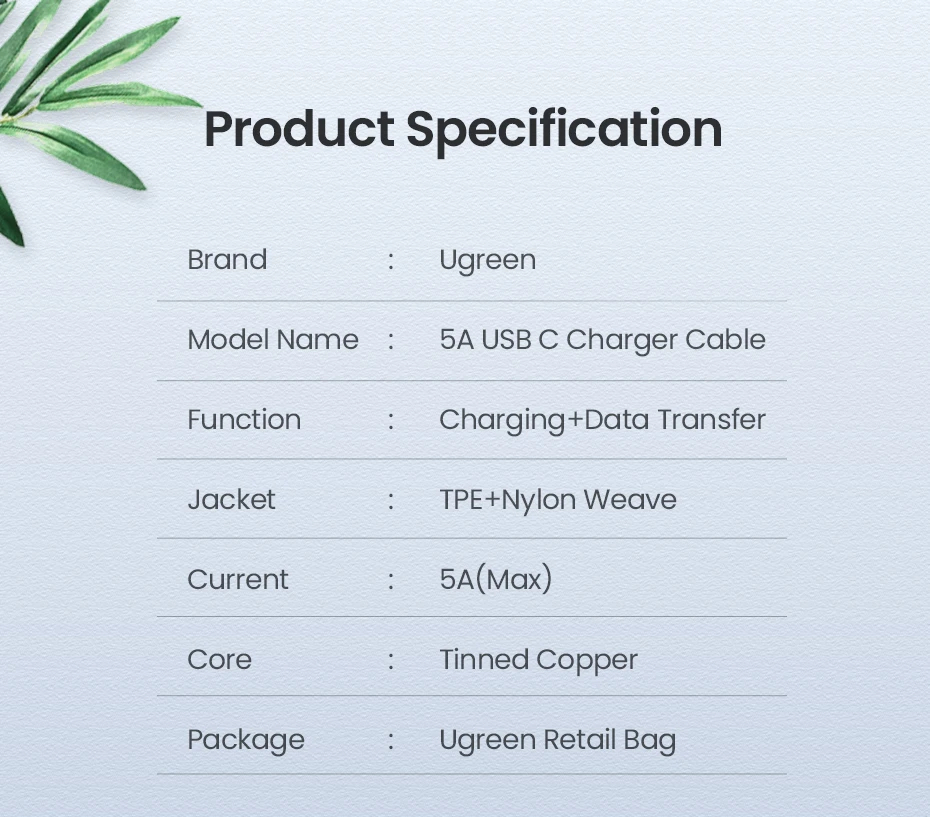 Ugreen кабел USB 2.0 Type-C М/М US316, 100W, 5A, 3m - 90120