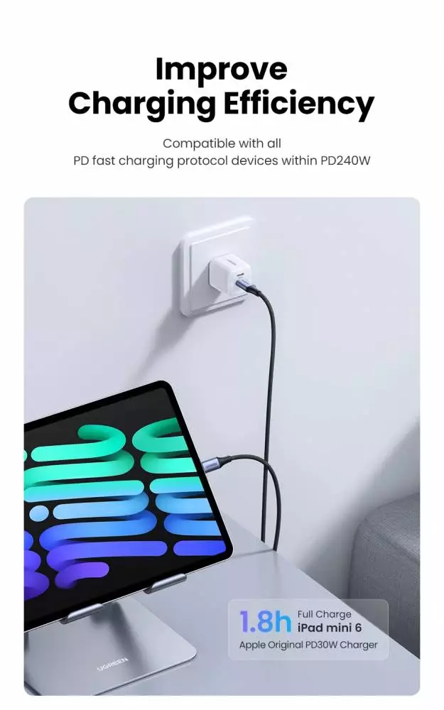 Ugreen кабел USB 2.0 Type-C М/М US535, 240W, 5А, 2m - 90440