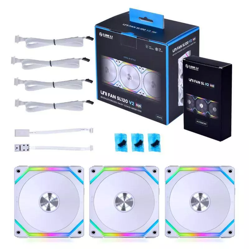 Вентилатори Lian-Li UNI SL120 V2 RGB PWM, Три броя в комплект, Включен контролер, Бял