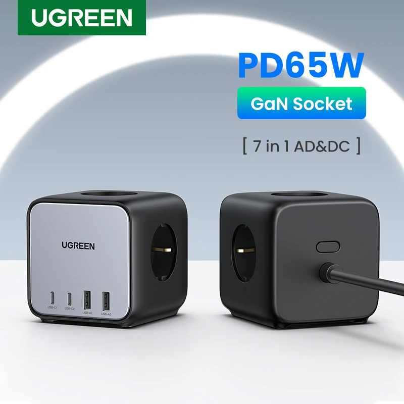 Ugreen разклонител Power Strip DigiNest Cube 65W - 3 x Schuko, 2xUSB-A, 2xUSB-C, GaN, 3680W CD268, 1.8m - 60113