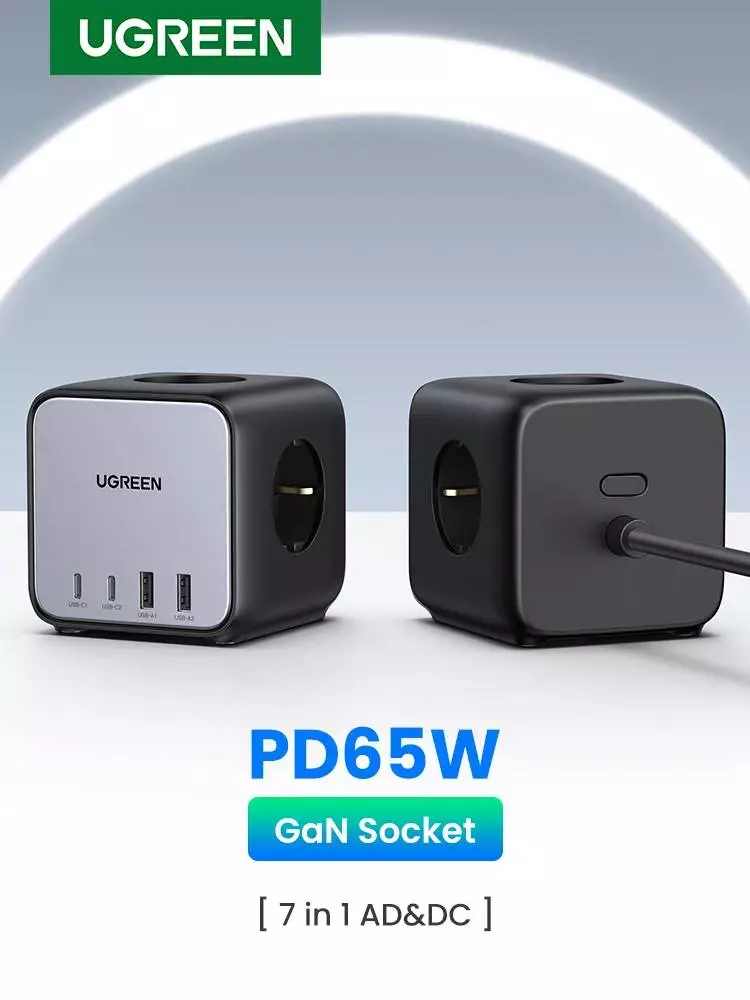 Ugreen разклонител Power Strip DigiNest Cube 65W - 3 x Schuko, 2xUSB-A, 2xUSB-C, GaN, 3680W CD268, 1.8m - 60113