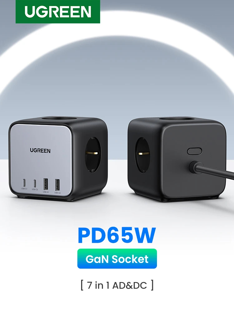 Ugreen разклонител Power Strip DigiNest Cube 65W - 3 x Schuko, 2xUSB-A, 2xUSB-C, GaN, 3680W CD268, 1.8m - 60113