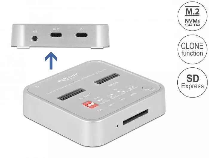 Докинг станция Delock 1 x M.2 NVMe SSD + 1 x M.2 SATA SSD, SD Express Card Reader, Клониране