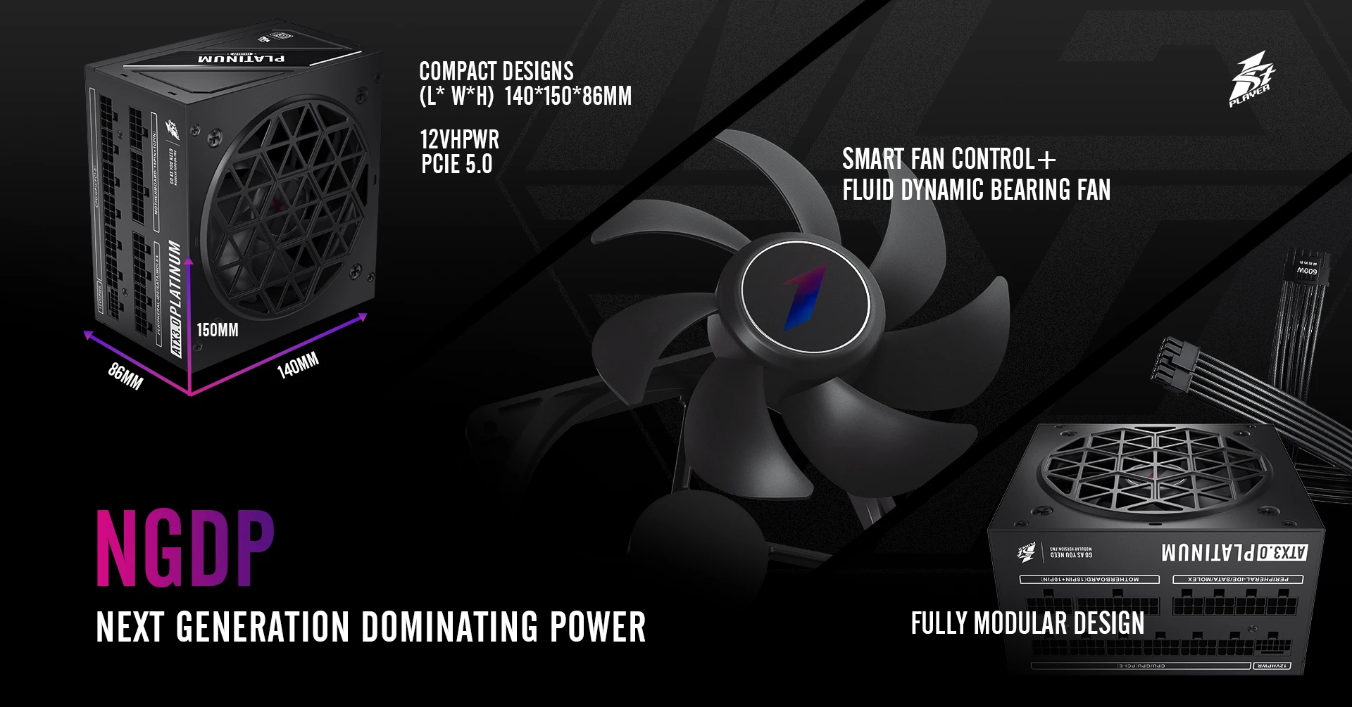Захранване 1stPlayer NGDP1000 PSU ATX 3.0 1000W 80 Plus Platinum PCIe Gen5 - HA-1000BA3