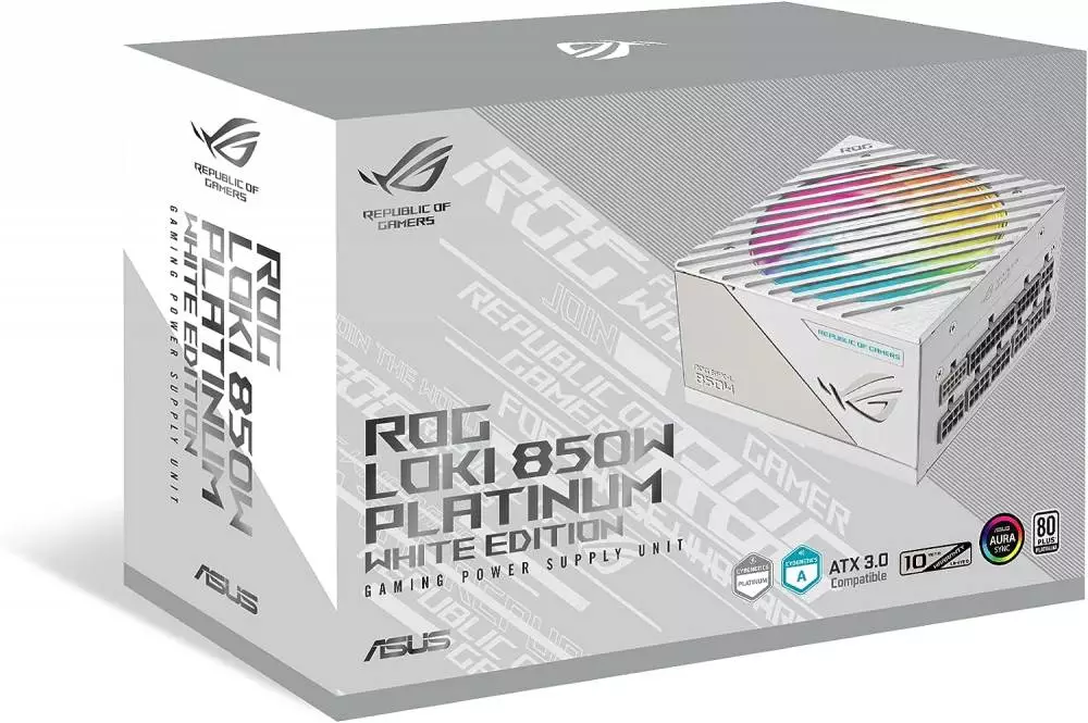 Захранване ASUS ROG Loki SFX-L 850W Platinum White Edition ATX 3.0, PCIe Gen5 PSU, ARGB Fan Aura Sync - 90YE00N2-B0NA00