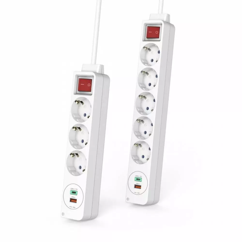 HAMA Разклонител USB-C/USB-A 3.4A, 3 гнезда, 2x USB, PD/Quick charge, макс 18W,1.4м, 3680W, бял