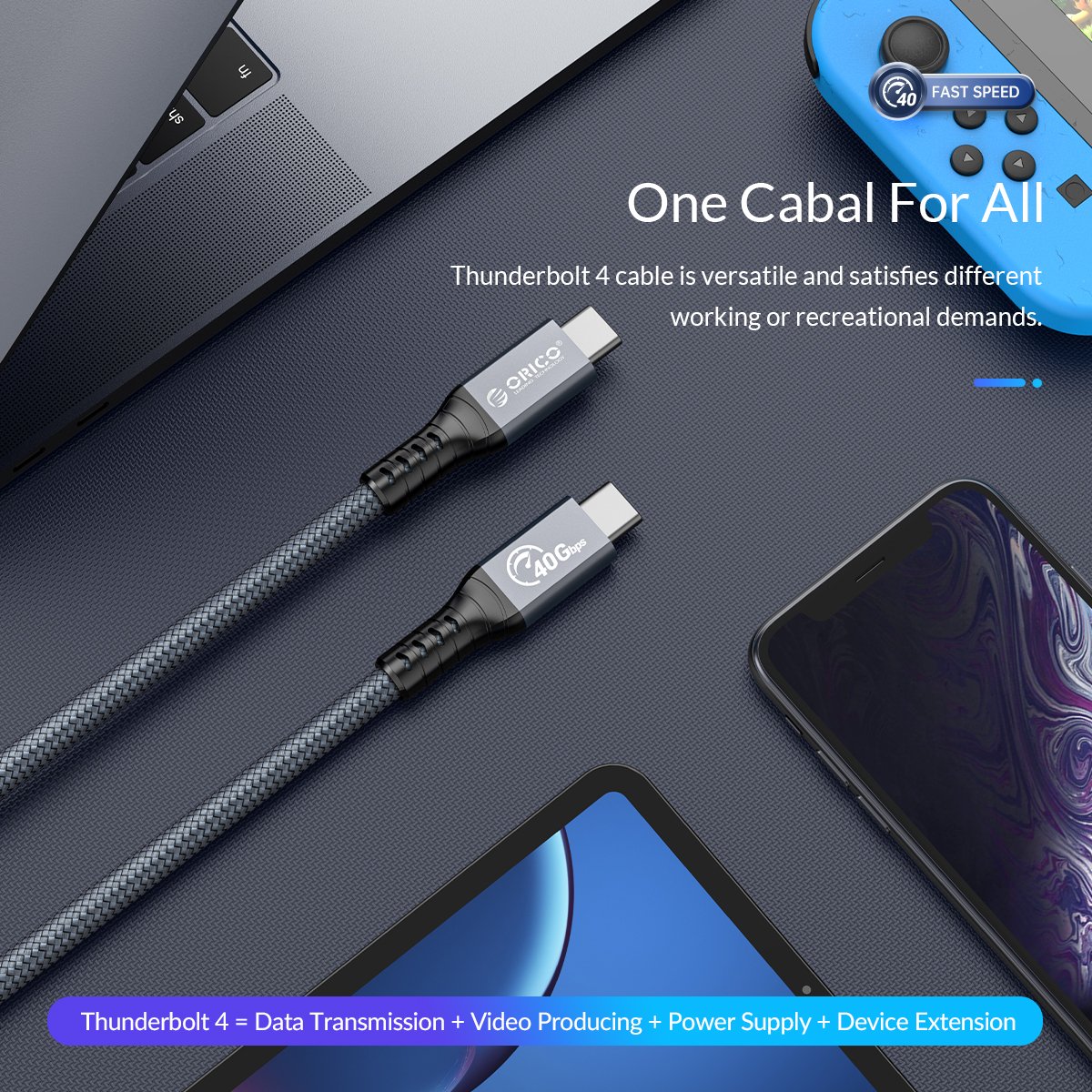Orico кабел Cable Thunderbolt 4 / USB4 - Type-C to Type-C 40Gbps PD100W 0.8m Grey - TBZ4-08-GY