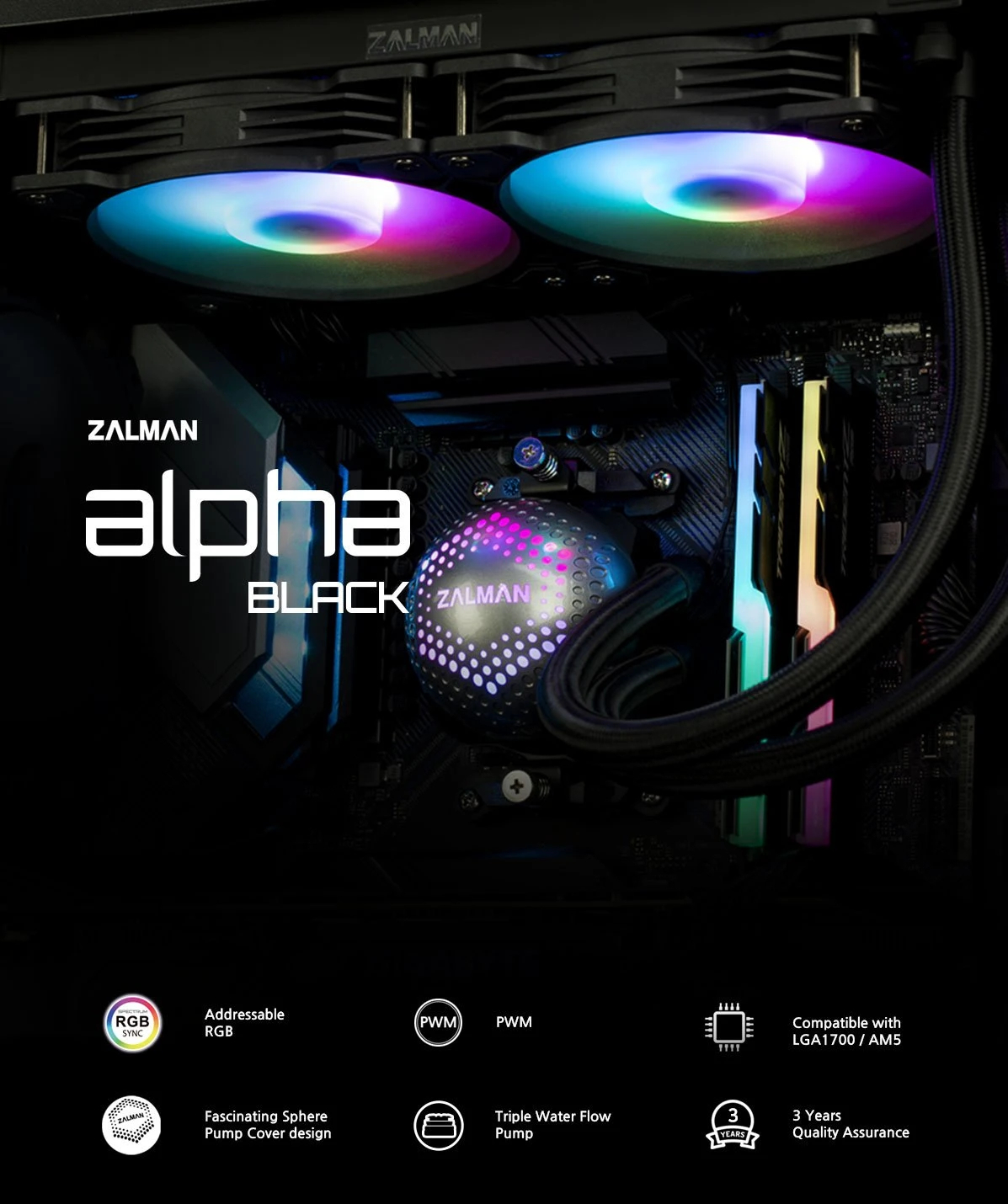 Водно охлаждане за процесор Zalman ALPHA 36 BLACK АRGB Water Cooling