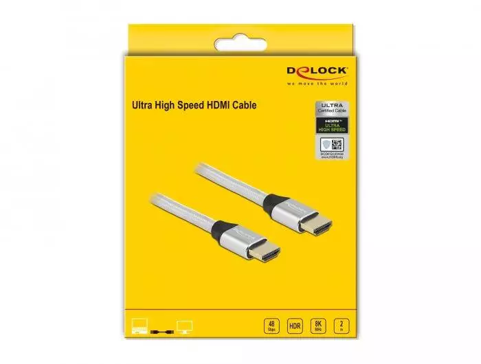 Кабел Delock Ultra High Speed,HDMI мъжко - HDMI мъжко, 48 Gbit/s, 8K 60 Hz, 2 м, Сребрист