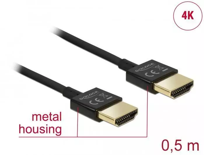 Кабел Delock HDMI-A мъжко - HDMI-A мъжко, Ethernet, 4K, 0.5 м, Черен