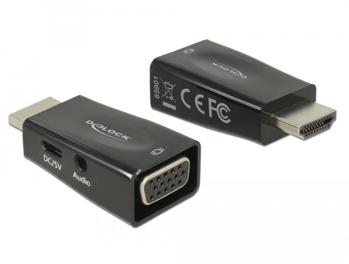 Adaptateur Delock, HDMI mâle - VGA + microUSB + Audio femelle, Noir