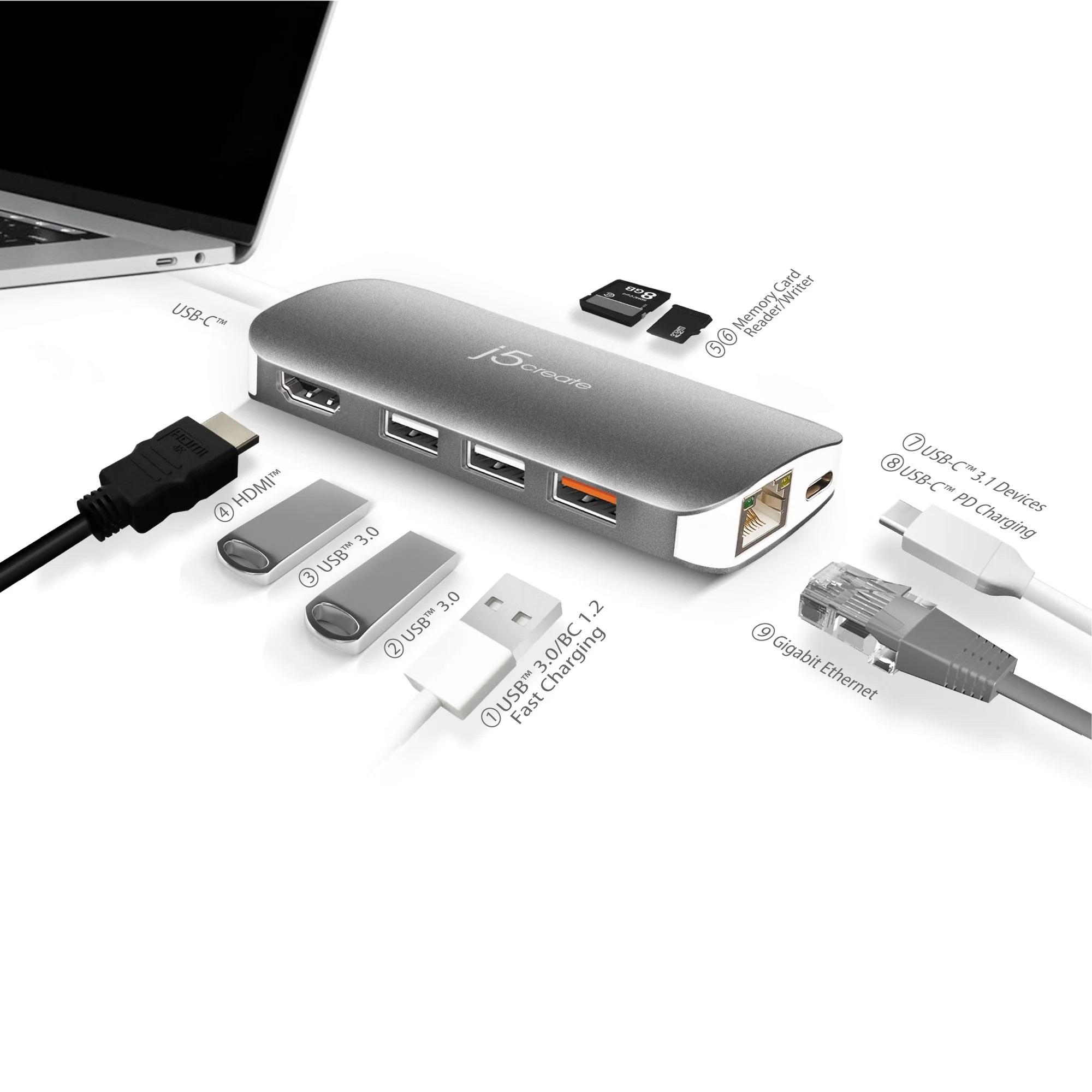 8-θυρών κόμβος j5create Mini Dock JCD383, USB, HDMI, Ethernet, SD, microSD