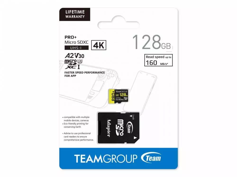 Карта памет Team Group PRO Plus microSDXC 128GB, UHS-I U3, A2, V30 + SD Адаптер