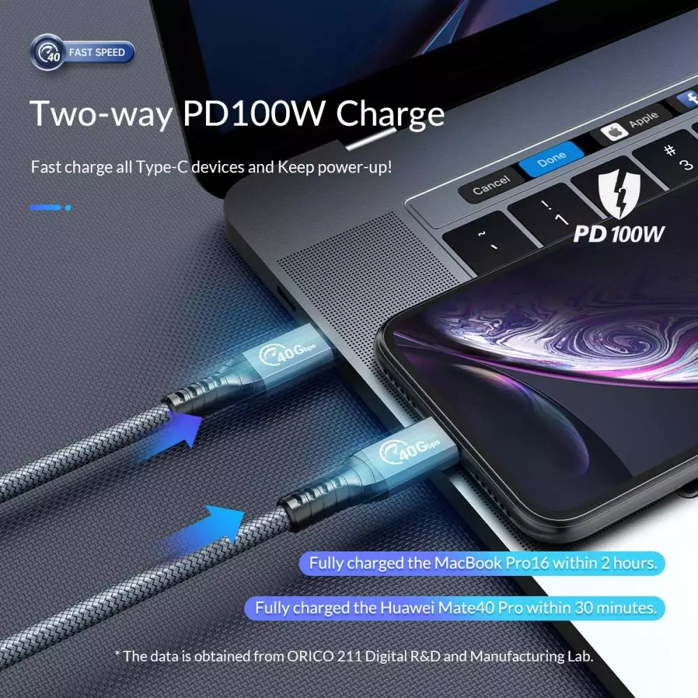 Orico кабел Cable Thunderbolt 4 / USB4 - Type-C to Type-C 40Gbps PD100W 2.0m Grey - TBZ4-20-GY