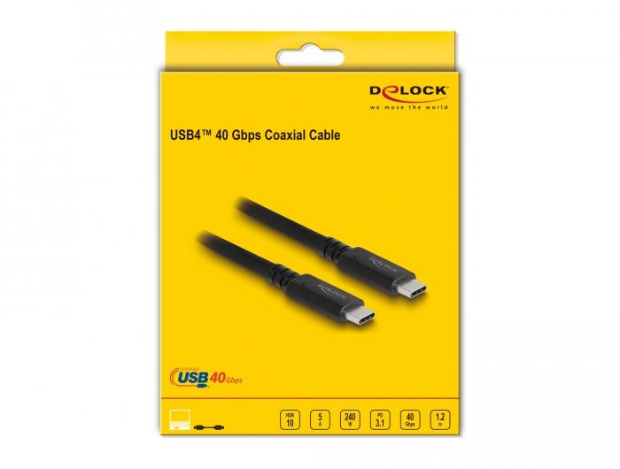 Коаксиален кабел Delock USB4 40 Gbps, USB PD 3.1,  1.2 m, Power Range 240 W