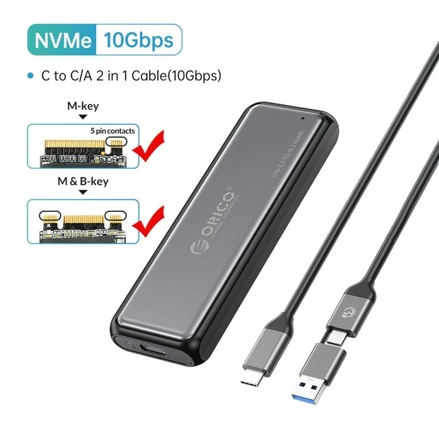 Orico външна кутия за диск Storage - Case - M.2 NVMe/SATA M/B key - USB3.1 Type-C Gen.2 10Gbps - DDNV-C3-G2-BK-BP