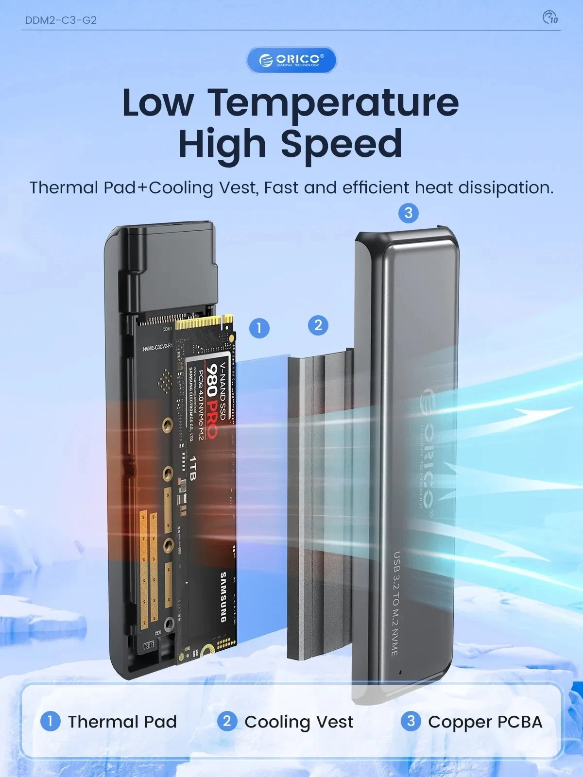 Orico външна кутия за диск Storage - Case - M.2 NVMe/SATA M/B key - USB3.1 Type-C Gen.2 10Gbps - DDNV-C3-G2-BK-BP