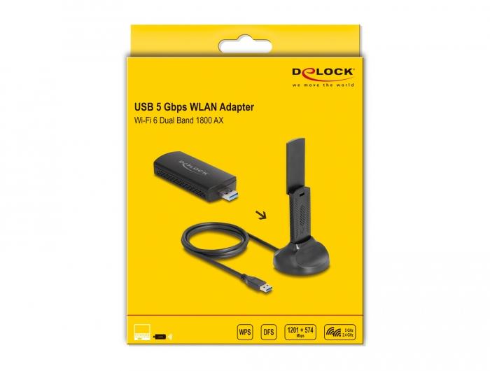 Adaptateur USB Delock AX1800, Wi-Fi 6, Dual Band WLAN (1201 + 574 Mbps)