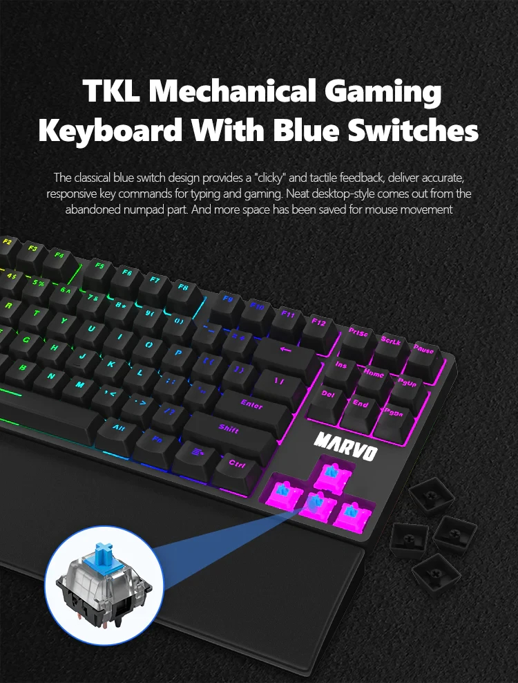 Геймръска клавиатура Marvo KG947 - Blue switches, TKL, Wristpad
