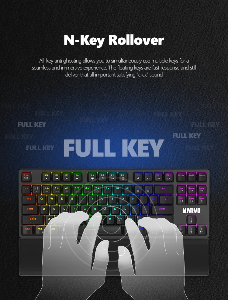 Геймръска клавиатура Marvo KG947 - Blue switches, TKL, Wristpad