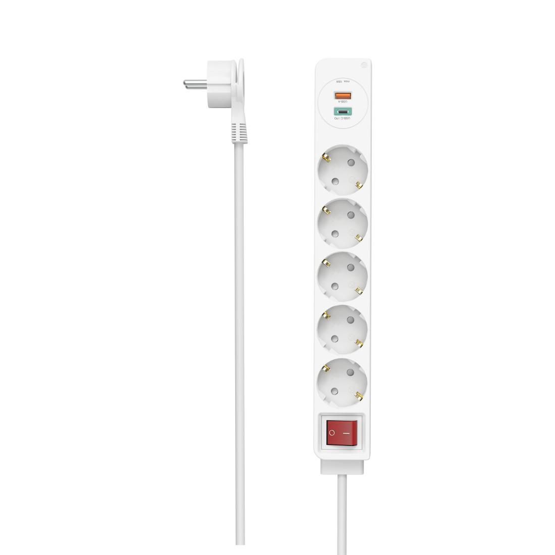 HAMA Multiprise USB-C/USB-A 3.4A, 5 prises, 2x USB, PD/Quick charge, max 18W, 1.4m, 3680W, blanc