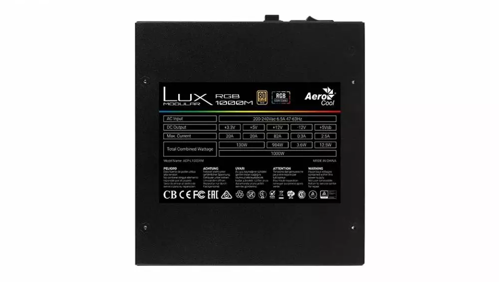 Захранване AeroCool LUX RGB PSU 1000M (1000W) 80 Plus Gold, Semi-Modular - ACPG-LMK0AEC.11